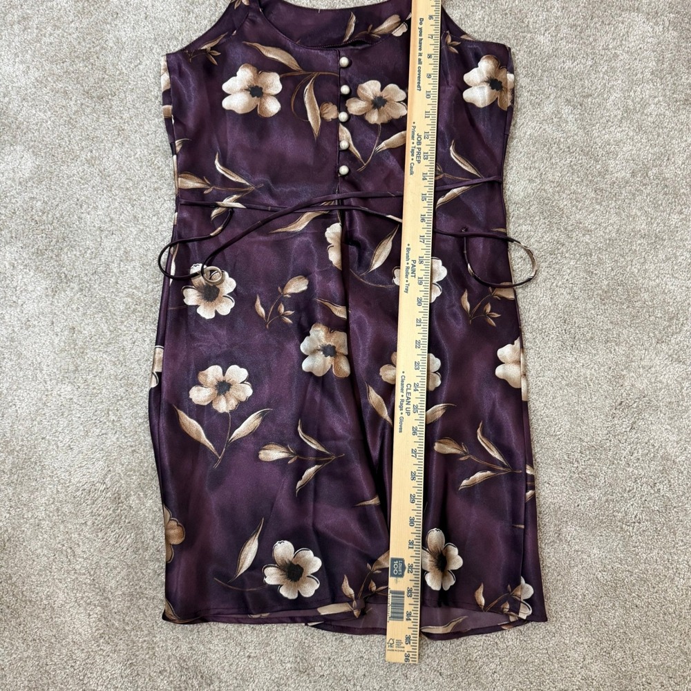 Vintage Purple Floral Satin Slip Dress Mini Faux Pearl Buttons Back Tie - Picture 12 of 12